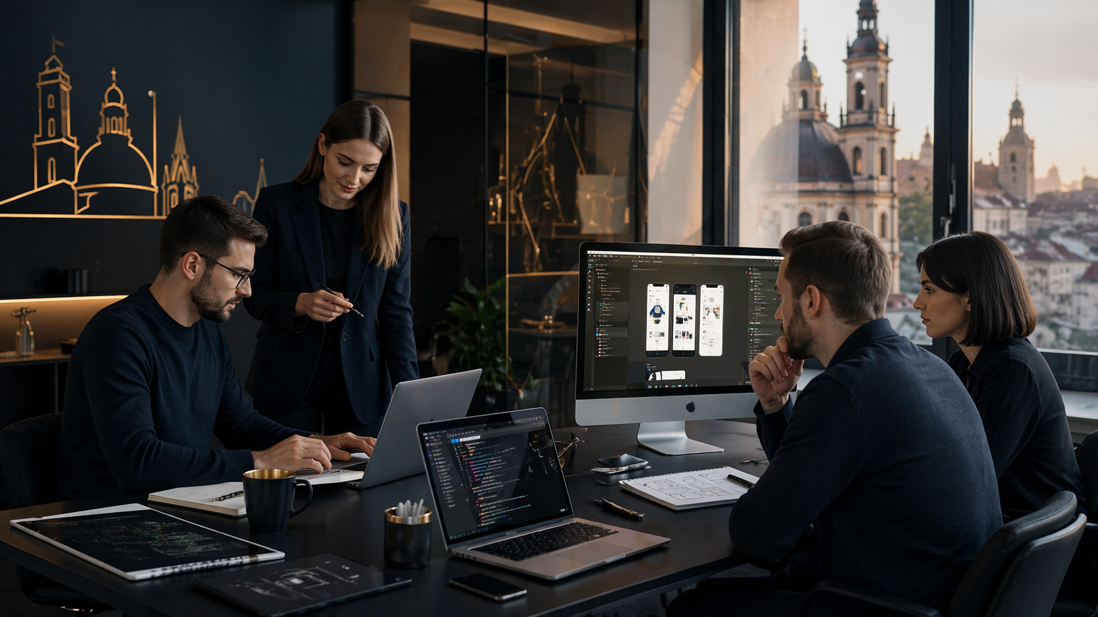 Four designers and engineers collaborating at a dark studio table in Lviv.